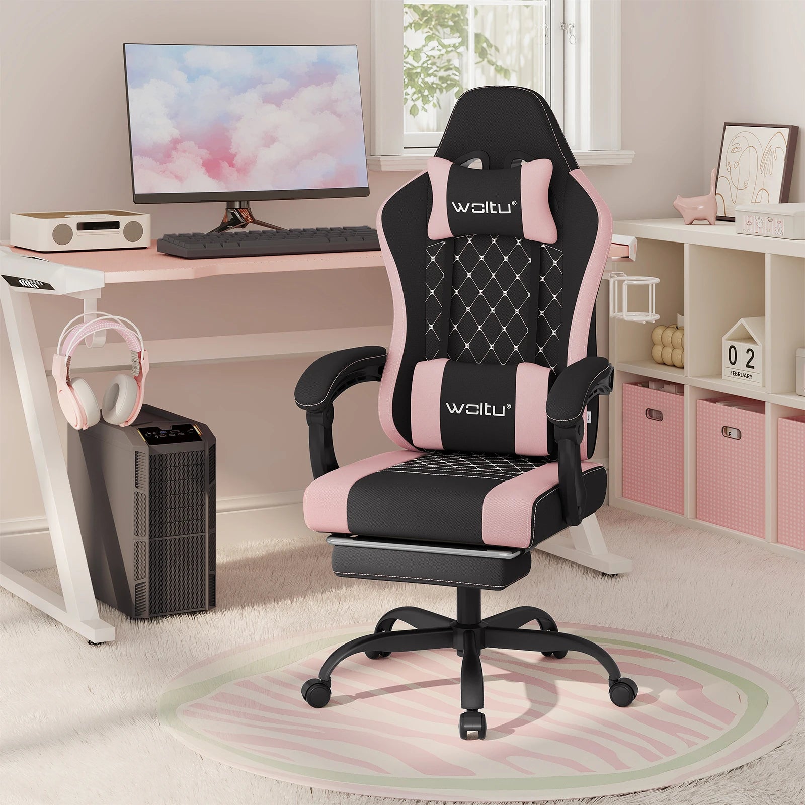 WOLTU Massage Gaming Chair Ergonomic Swivel Computer Gamer Office Chair with Pillow Footrest Adjustable Headrest Lumbar Support