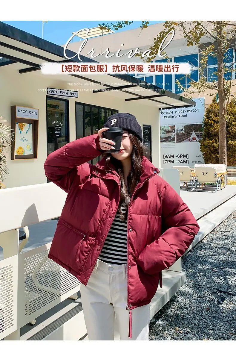 Women’s Short Standing Collar Puffer Jacket – Winter Warm Cotton-Padded Down Coat Fashion Bakery Parka Outerwear