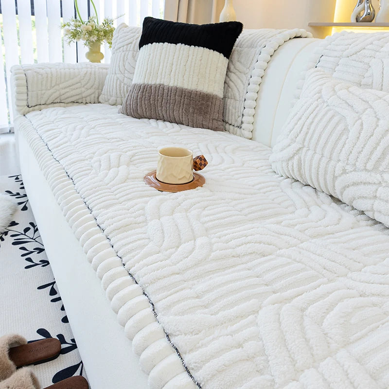 Thicken Plush Sofa Cover Winter Warm Non-slip Straight Couch Cushion Protector Cream Style Couch Slipcovers for Living Room