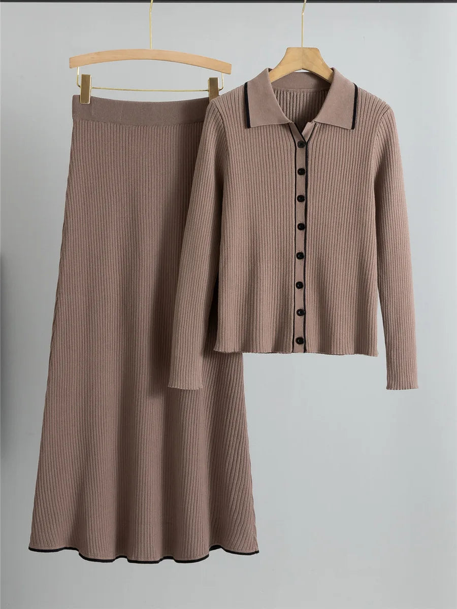 Korean Style Women’s Knitted 2-Piece Set – Single-Breasted Cardigan Sweater Top & High Waist Skirt Outfit