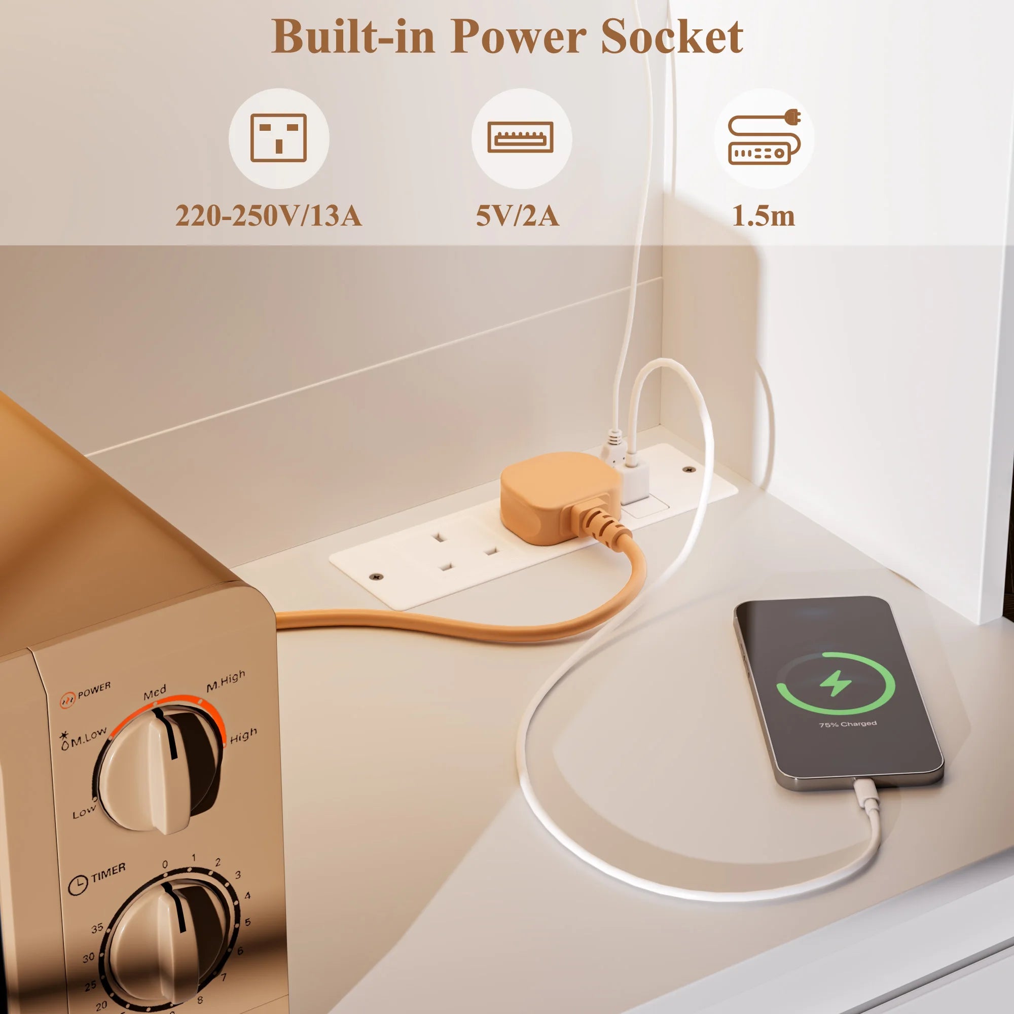 Getone Kitchen Buffet with LED, Kitchen wardrobe Buffet wardrobe with 3 Drawer sockets Bar Adjustable Shelf 100x38.5x180cm