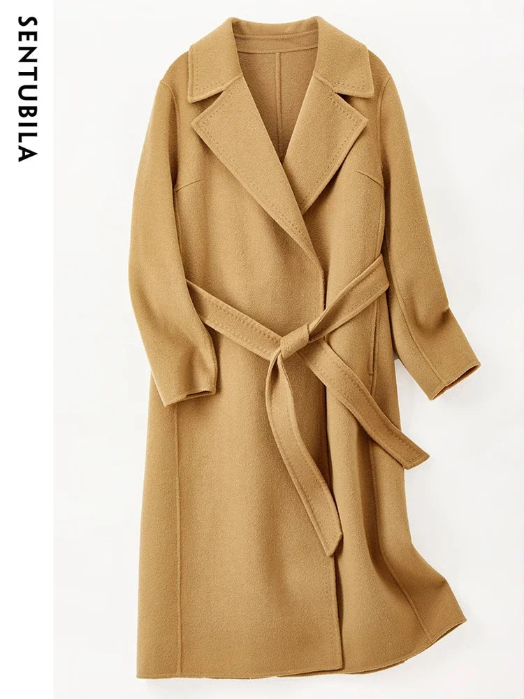 SENTUBILA Women 100% Wool Long Wrap Coat 2025 Elegant Notched Collar Belted Warm Double Faced Woolen Winter Overcoat W24O43352