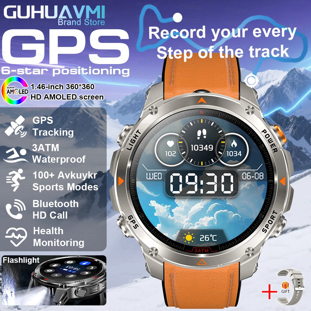 2025 Outdoor Military Smart Watch – Built-in GPS, Compass, Altimeter, Barometer, 3ATM Waterproof Rugged AMOLED Smartwatch with Bluetooth Call