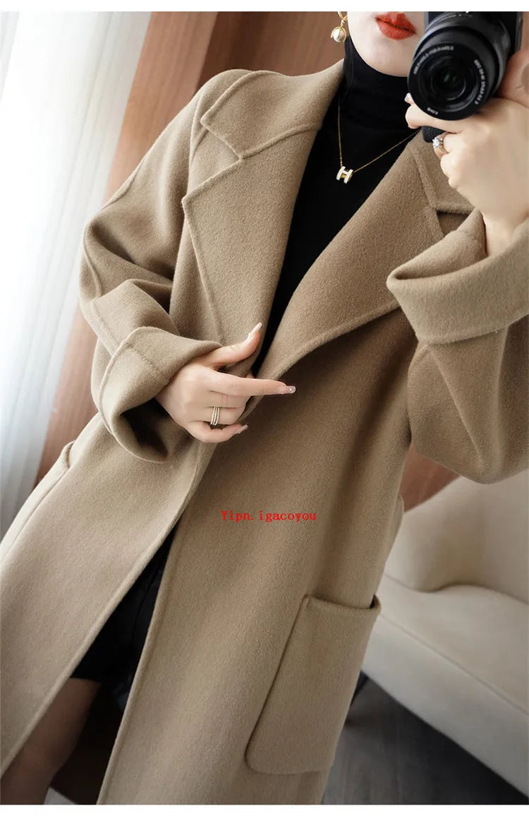 100% Pure Wool Double-Sided Cashmere Coat Women Winter New Mid-Length Loose Fashion Pockets Woolen Jacket Female Overcoat B551