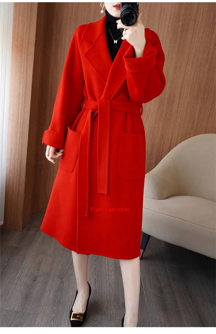 100% Pure Wool Double-Sided Cashmere Coat Women Winter New Mid-Length Loose Fashion Pockets Woolen Jacket Female Overcoat B551