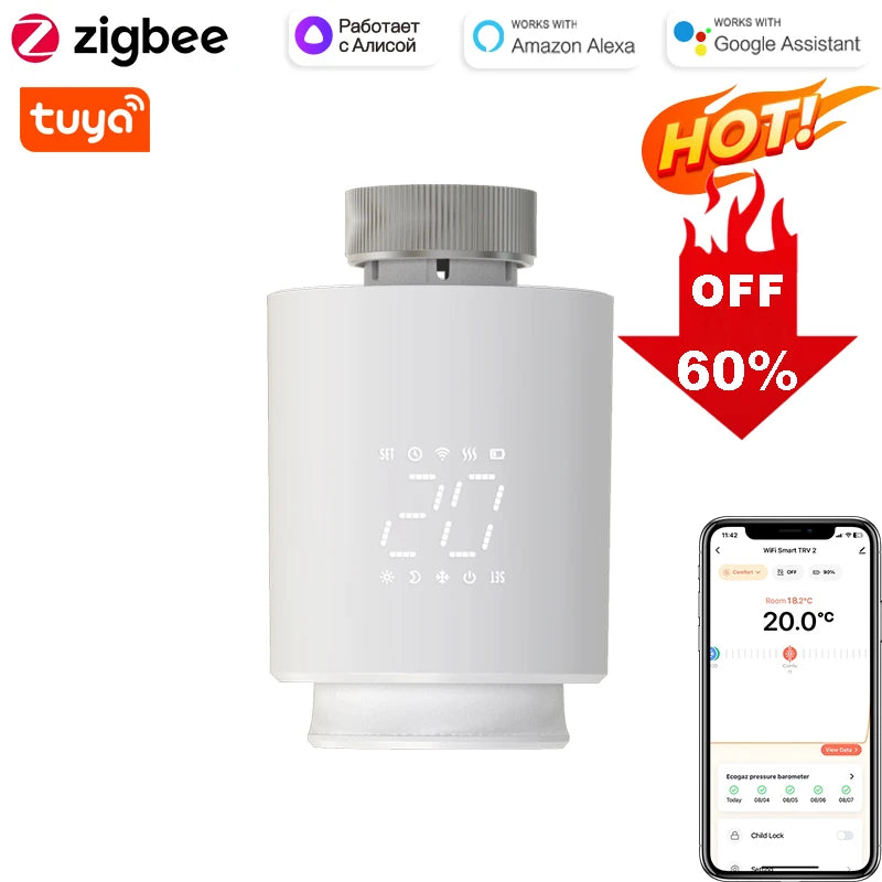 Tuya Smart WiFi Thermostatic Radiator Valve (TRV) – Programmable Temperature Controller with APP Remote Control, Compatible with Alexa & Google Home