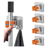 Mop Broom Holder, 4 Pcs Stainless Steel Self Adhesive Mop Holder Wall Mounted with Hooks Hanger Self-Adhesive Broom Holder for Bathroom, Kitchen, Office, Closet, Garden Garage Organiser Plastic Brush Outdoors