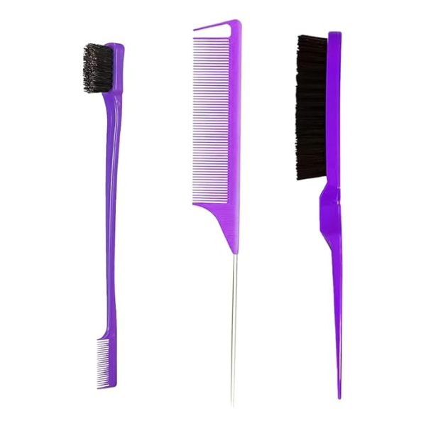 3 Pieces Hair Styling Comb Set, Double Sided Edges Brush, Teasing Hair Brush Rat Tail Comb, Plastic Bristle Hair Brush, Edge Control Brush, for Home, Hairdressers