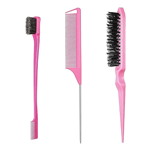 3 Pieces Hair Styling Comb Set, Double Sided Edges Brush, Teasing Hair Brush Rat Tail Comb, Plastic Bristle Hair Brush, Edge Control Brush, for Home, Hairdressers