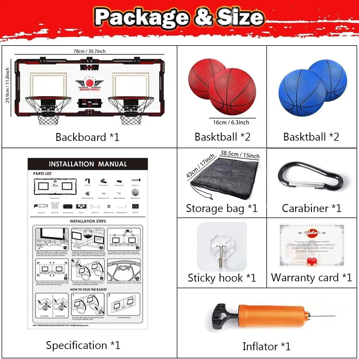 VATOS 2x Basketball Hoop Indoor Outdoor Electric Basketball Mini Scoreboard 4x Balls Toy Gift for Kids Boys Girls Sports Game