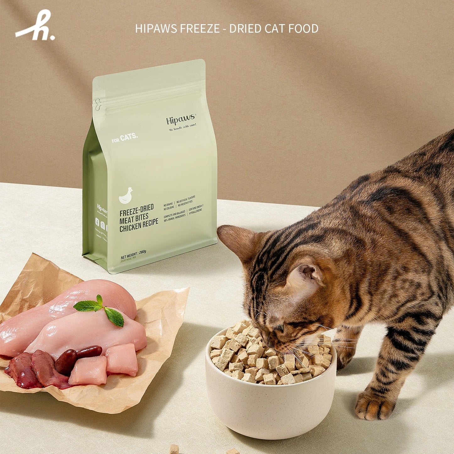 Hipaws Complete Natural Chicken Recipe Freeze-Dried Cat Food Treats Toppers 280g, Hypoallergenic No Grain Fresh Chicken; Freeze