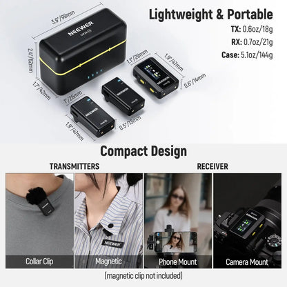 NEEWER CM28 Wireless Lavalier Microphone – Noise-Canceling, 200m Range, Lossless Audio for iPhone & Camera