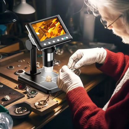 Microscope numérique RIEVBCAU DM7 4,3" - Grossissement 1000X, microscope vidéo 1080P avec 8 LED pour pièces de monnaie, soudure et plus
