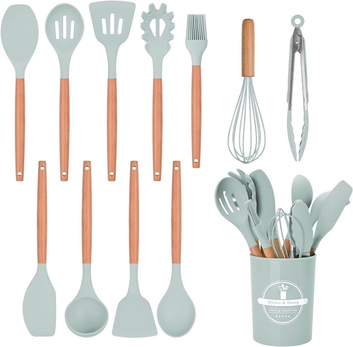 12 PCS Silicone Kitchen Utensil Set with Wooden Handles – Heat Resistant, Nonstick Cooking Tools Including Tongs, Spatula, Spoon, and Holder – Dishwasher Safe