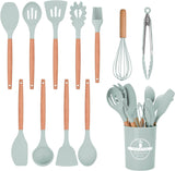 Ensemble d'ustensiles de cuisine en silicone 12 pièces avec poignées en bois – Ustensiles de cuisine résistants à la chaleur et antiadhésifs comprenant des pinces, une spatule, une cuillère et un support – Passe au lave-vaisselle