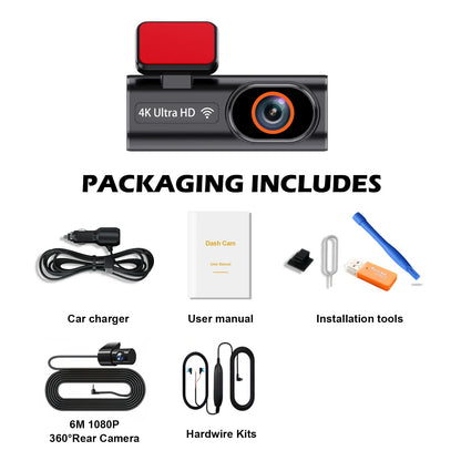 Aprilboy 4K WiFi Dash Cam – Mini Car DVR, Dual-Lens Front & Rear, 1080P, Night Vision, Parking Monitor, Black Box