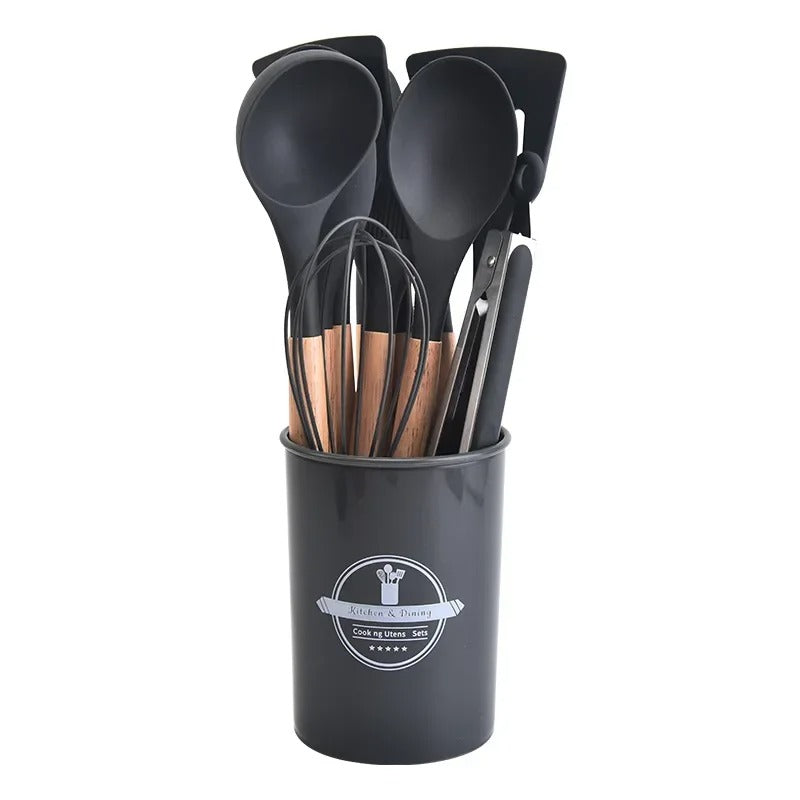 12-Piece Silicone Kitchen Utensil Set – Non-Stick Cooking Tools with Wooden Handles & Storage Bucket