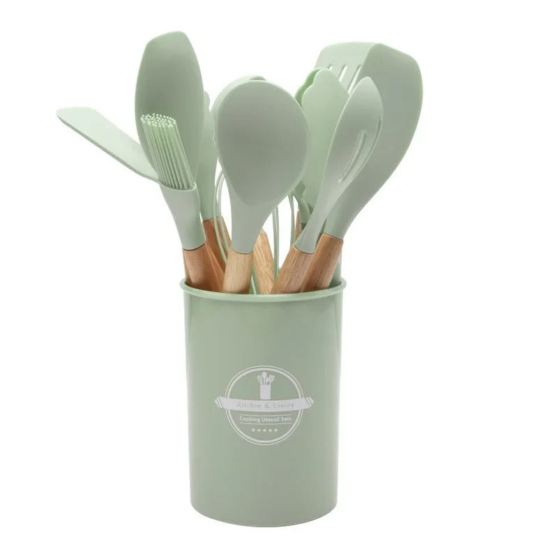 12-Piece Silicone Kitchen Utensil Set – Non-Stick Cooking Tools with Wooden Handles & Storage Bucket