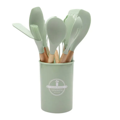 12-Piece Silicone Kitchen Utensil Set – Non-Stick Cooking Tools with Wooden Handles & Storage Bucket