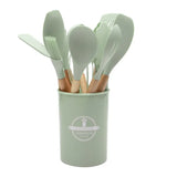 12-Piece Silicone Kitchen Utensil Set – Non-Stick Cooking Tools with Wooden Handles & Storage Bucket