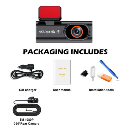 Aprilboy 4K WiFi Dash Cam – Mini Car DVR, Dual-Lens Front & Rear, 1080P, Night Vision, Parking Monitor, Black Box
