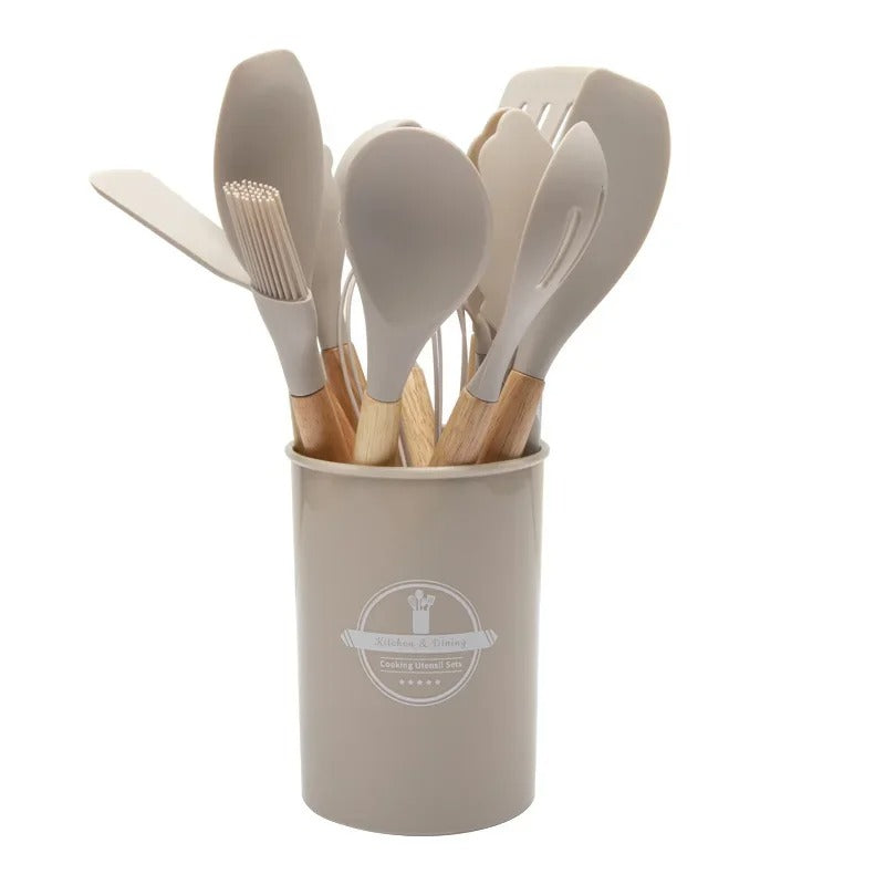 12-Piece Silicone Kitchen Utensil Set – Non-Stick Cooking Tools with Wooden Handles & Storage Bucket