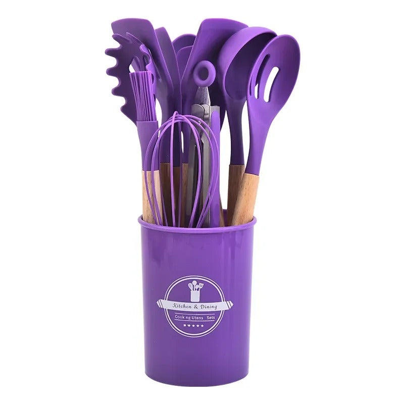 12-Piece Silicone Kitchen Utensil Set – Non-Stick Cooking Tools with Wooden Handles & Storage Bucket