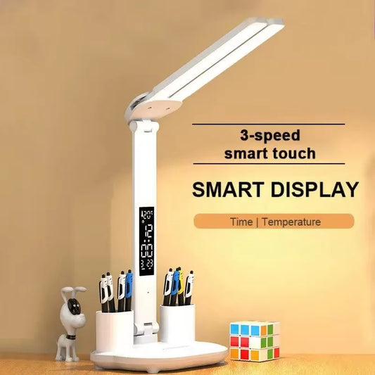 180° Rotating LED Desk Lamp – Rechargeable, Dimmable, Foldable Clock Light, Eye Protection, USB-Powered Night Lamp