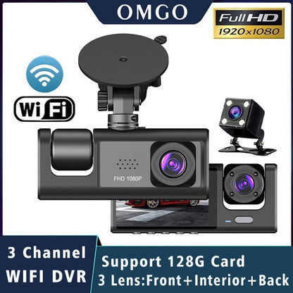WiFi 3-Channel Mini Car DVR – 1080P FHD Dash Cam, Inside Vehicle Camera, Three-Way Recorder, Black Box