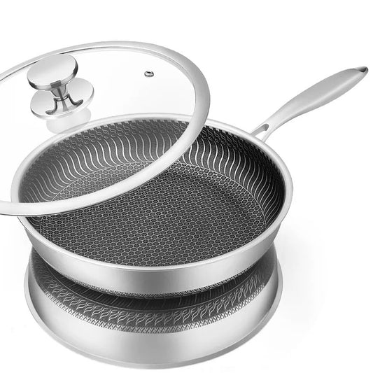Stainless Steel Non-Stick Frying Pan with Lid – Honeycomb Skillet for Induction, Gas, Electric & Ceramic Cooktops