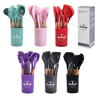 12-Piece Silicone Kitchen Utensil Set – Non-Stick Cooking Tools with Wooden Handles & Storage Bucket