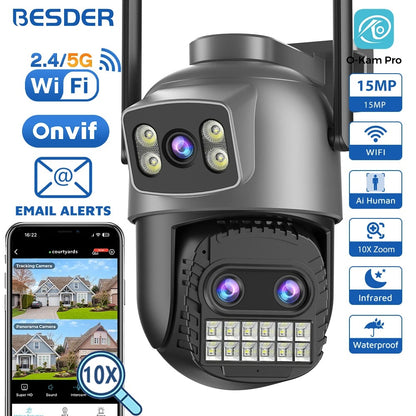 BESDER 15MP PTZ WiFi Camera – Outdoor Dual-Screen IP Cam, 10X Zoom, 10MP Security, Human Detection, O-Kam Pro