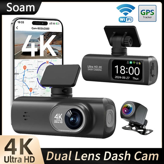 Soam 4K+1080P Dual Dash Cam – Car Camera Recorder with GPS, WiFi, 24H Parking Monitor, Black Box DVR