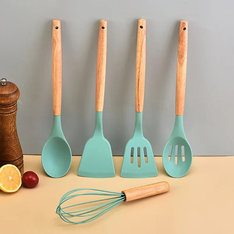 12-Piece Silicone Kitchen Utensil Set – Non-Stick Cooking Tools with Wooden Handles & Storage Bucket