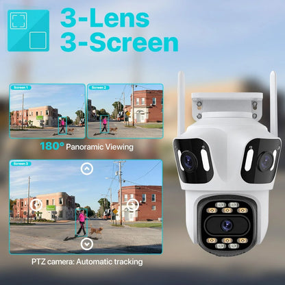 6K PTZ IP Camera Outdoor – 3-Lens WiFi Security Cam with Auto-Tracking, 4K Dual-Lens, iCSee CCTV
