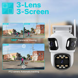 6K PTZ IP Camera Outdoor – 3-Lens WiFi Security Cam with Auto-Tracking, 4K Dual-Lens, iCSee CCTV