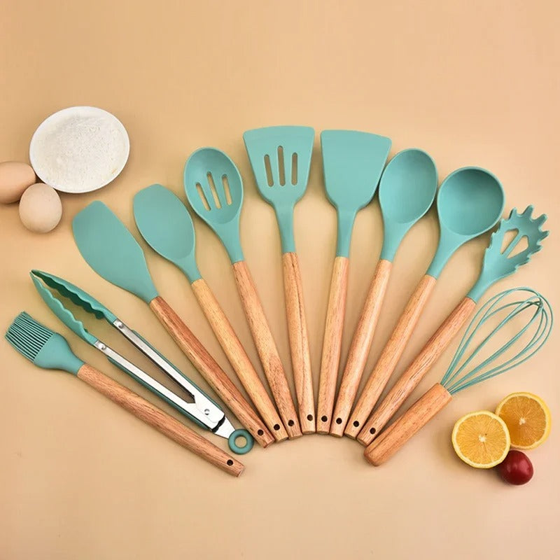 12-Piece Silicone Kitchen Utensil Set – Non-Stick Cooking Tools with Wooden Handles & Storage Bucket