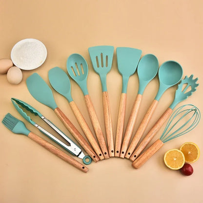 12-Piece Silicone Kitchen Utensil Set – Non-Stick Cooking Tools with Wooden Handles & Storage Bucket