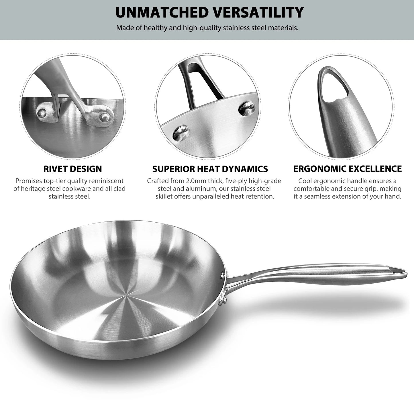 304 Stainless Steel Nonstick Frying Pan – Uncoated Steak Pan for Gas & Induction Cooktops, Durable Kitchen Cookware