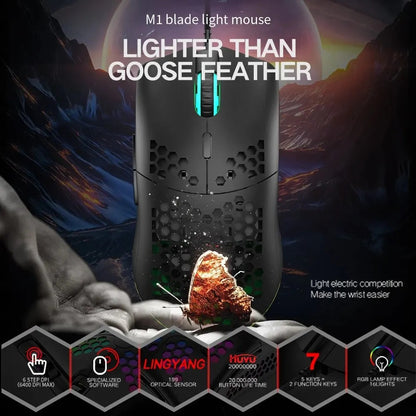 M1 Wired Lightweight Gaming Mouse – 69g Ultralight Honeycomb Shell, RGB Backlit, 6400 DPI, Ergonomic for PC, Mac & Laptop