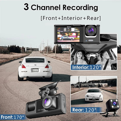 WiFi 3-Channel Mini Car DVR – 1080P FHD Dash Cam, Inside Vehicle Camera, Three-Way Recorder, Black Box
