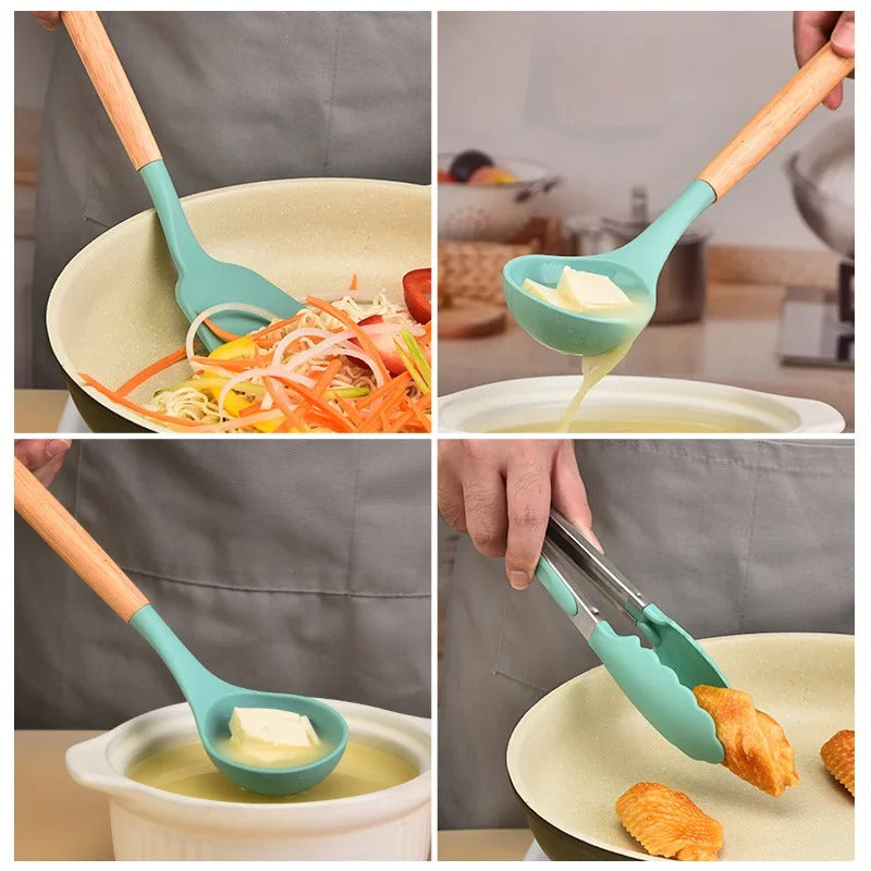 12-Piece Silicone Kitchen Utensil Set – Non-Stick Cooking Tools with Wooden Handles & Storage Bucket