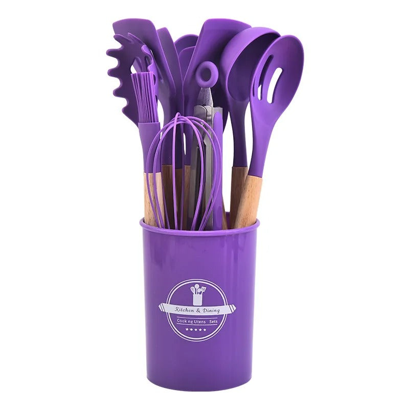 12-Piece Silicone Kitchen Utensil Set – Non-Stick Cooking Tools with Wooden Handles & Storage Bucket