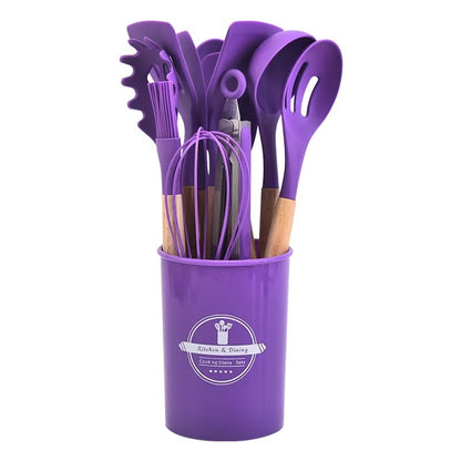 12-Piece Silicone Kitchen Utensil Set – Non-Stick Cooking Tools with Wooden Handles & Storage Bucket