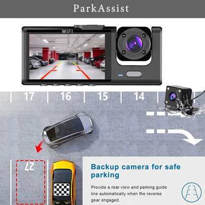 WiFi 3-Channel Mini Car DVR – 1080P FHD Dash Cam, Inside Vehicle Camera, Three-Way Recorder, Black Box