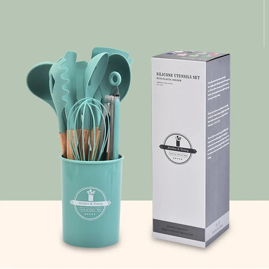 12-Piece Silicone Kitchen Utensil Set – Non-Stick Cooking Tools with Wooden Handles & Storage Bucket