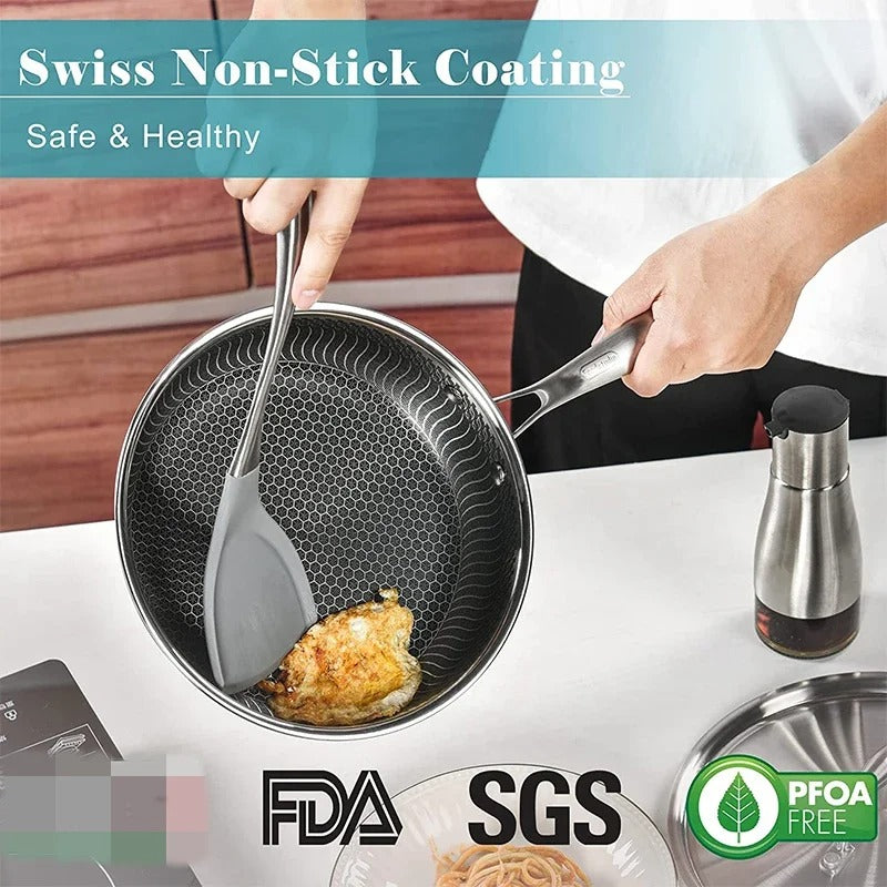 Stainless Steel Non-Stick Frying Pan with Lid – Honeycomb Skillet for Induction, Gas, Electric & Ceramic Cooktops