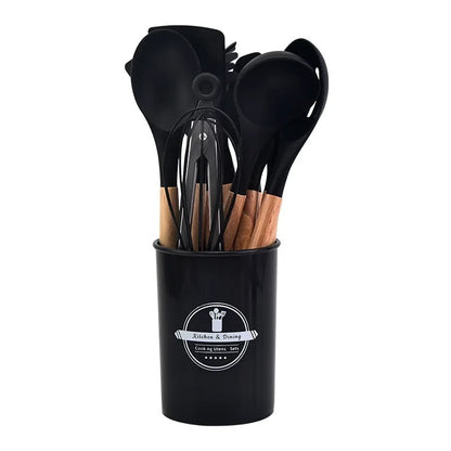 12-Piece Silicone Kitchen Utensil Set – Non-Stick Cooking Tools with Wooden Handles & Storage Bucket