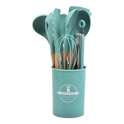12-Piece Silicone Kitchen Utensil Set – Non-Stick Cooking Tools with Wooden Handles & Storage Bucket