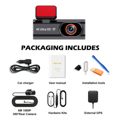 Aprilboy 4K WiFi Dash Cam – Mini Car DVR, Dual-Lens Front & Rear, 1080P, Night Vision, Parking Monitor, Black Box